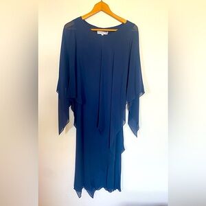 Vintage Stephan Janson navy silk midi dress with dramatic draping